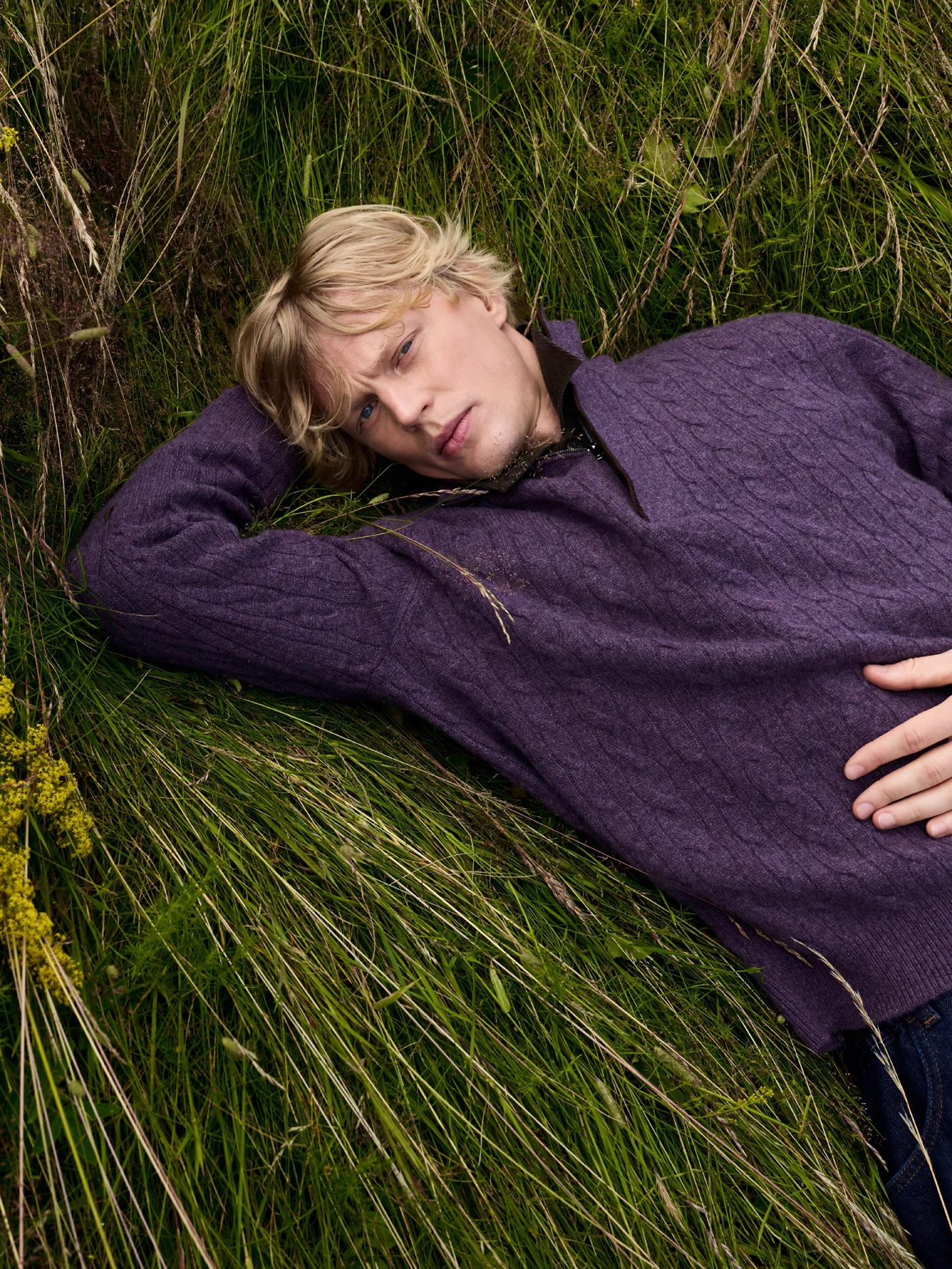 A purple sweater in the grass