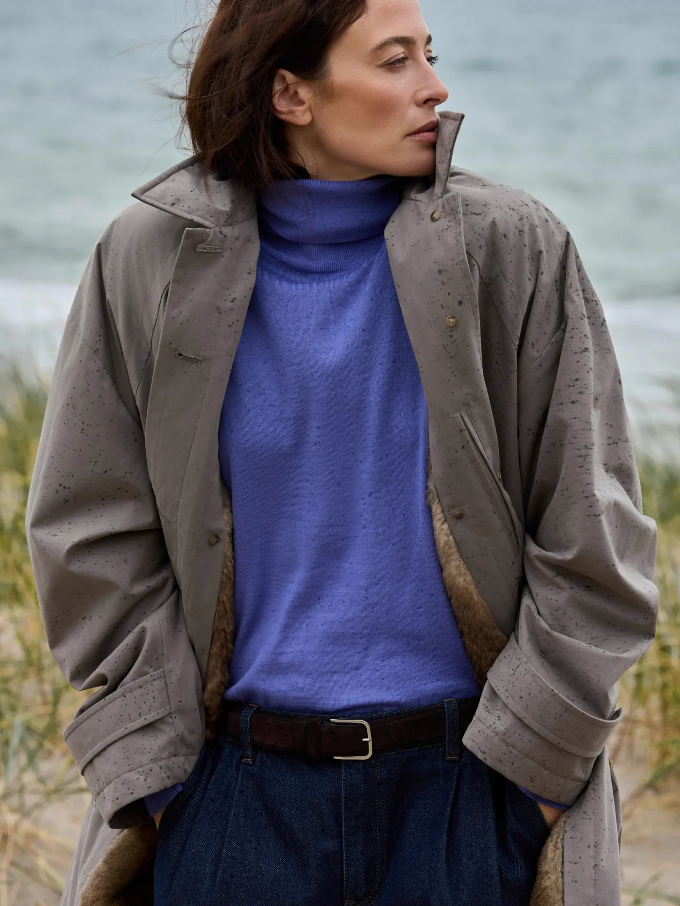 Fur lining and a blue sweater